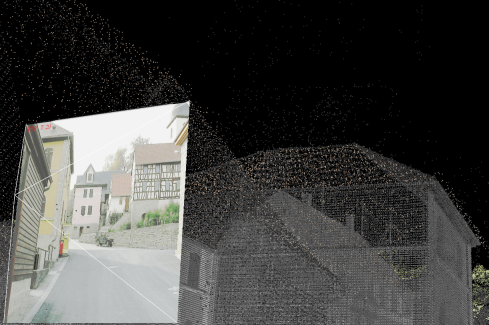 Kameraposition mit Kamerabild relativ zum 3D-Modell der Umgebung